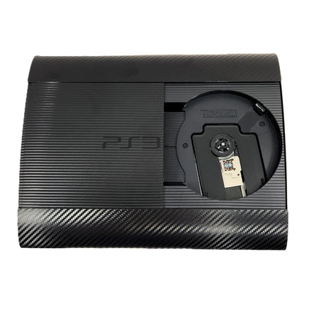 PlayStation 3 Super Slim 250GB Console System Bundle Black Carbon Fiber Skin Very Good Loose - View 3 Showing Disc Tray Open with Laser Drive Visible