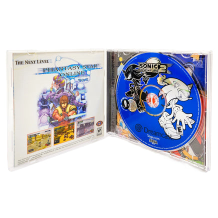 Sonic Adventure 2 Sega Dreamcast Like New CIB - Open Case Showing Disc and Back of Instruction Manual