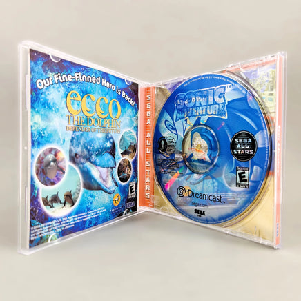 Sonic Adventure [Sega All Stars] Sega Dreamcast - Open case view with front insert and tray artwork visible, like new condition