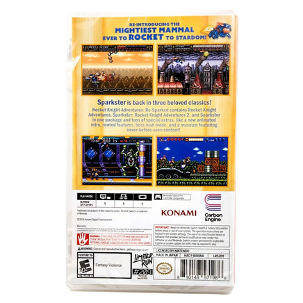 Rocket Knight Adventures Resparked Limited Run 209 Nintendo Switch Brand New CIB - Game Case Back Artwork