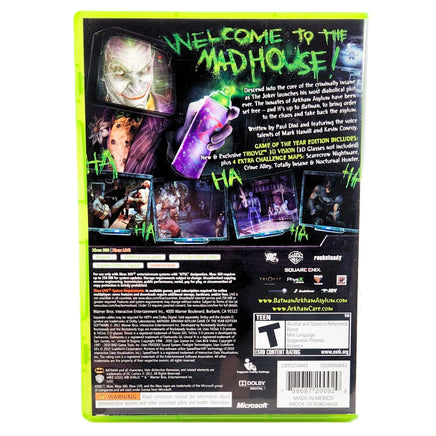 Batman Arkham Asylum Game Of The Year Edition Platinum Hits Xbox 360 Good CIB - Back Label Artwork With Publisher Logos